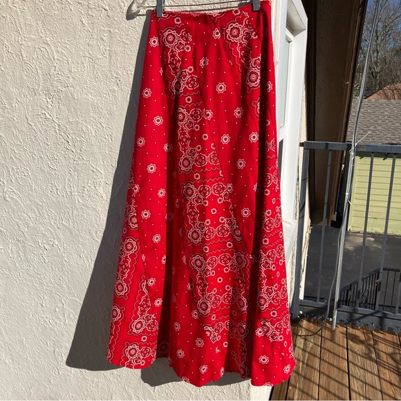 Vintage Cotton Canvas Patchwork Red Paisley Bandana Maxi Skirt - Picture 7 of 17